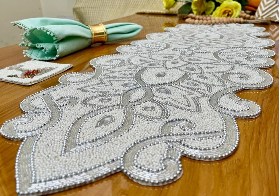 Beaded Table Runner Decorative Hand Glitz Rustic Farmhouse for Scalloped Design - 13x36 Inch - Ivory Silver