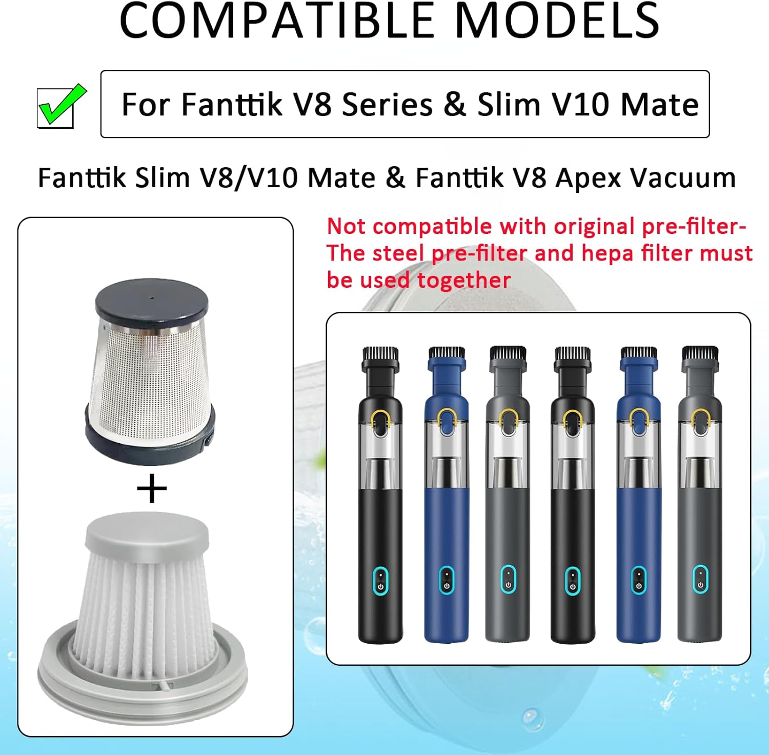 6 pack Washable Hepa with 2 pack Stainless Steel Pre-filter,Hepa Filter Replacement Compatible with Fanttik V8 Series (Fanttik Slim V8 Mate Vacuum) - Image 5