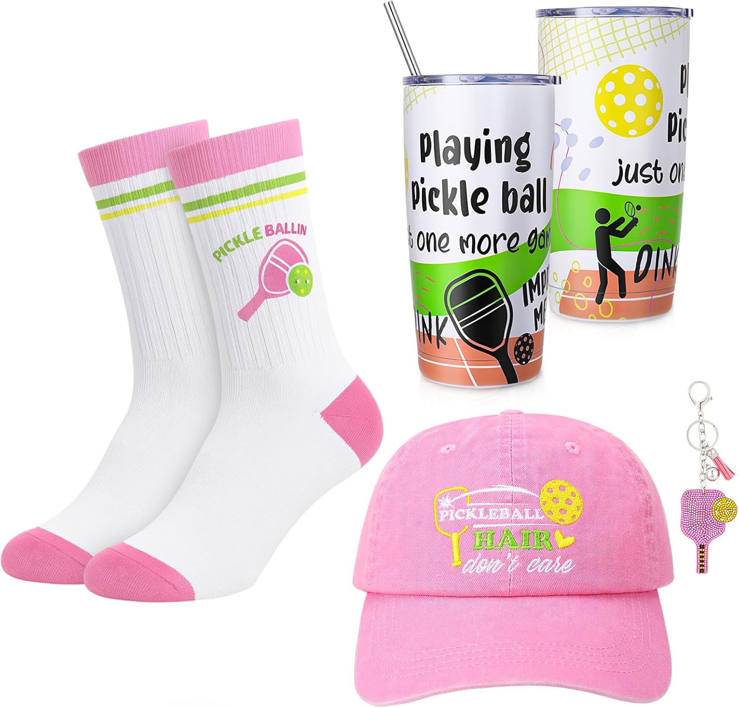 Pickleball Hat for Women, Pickleball Accessories with Cotton Baseball Cap Socks Stainless Steel Tumbler for Birthday Christmas Pink