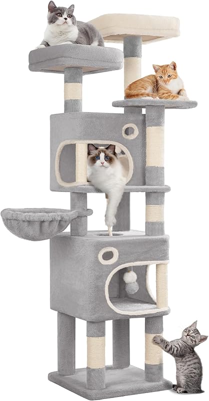 Hzuaneri Arbre à Chat Hauteur 159 cm, Tour de Jeux pour Chat avec 8 Griffoirs, 3 Plateformes, 2 Niches, Panier, Pompons, Convient Aux Chats de Toutes Tailles, Gris Clair MS15918LG