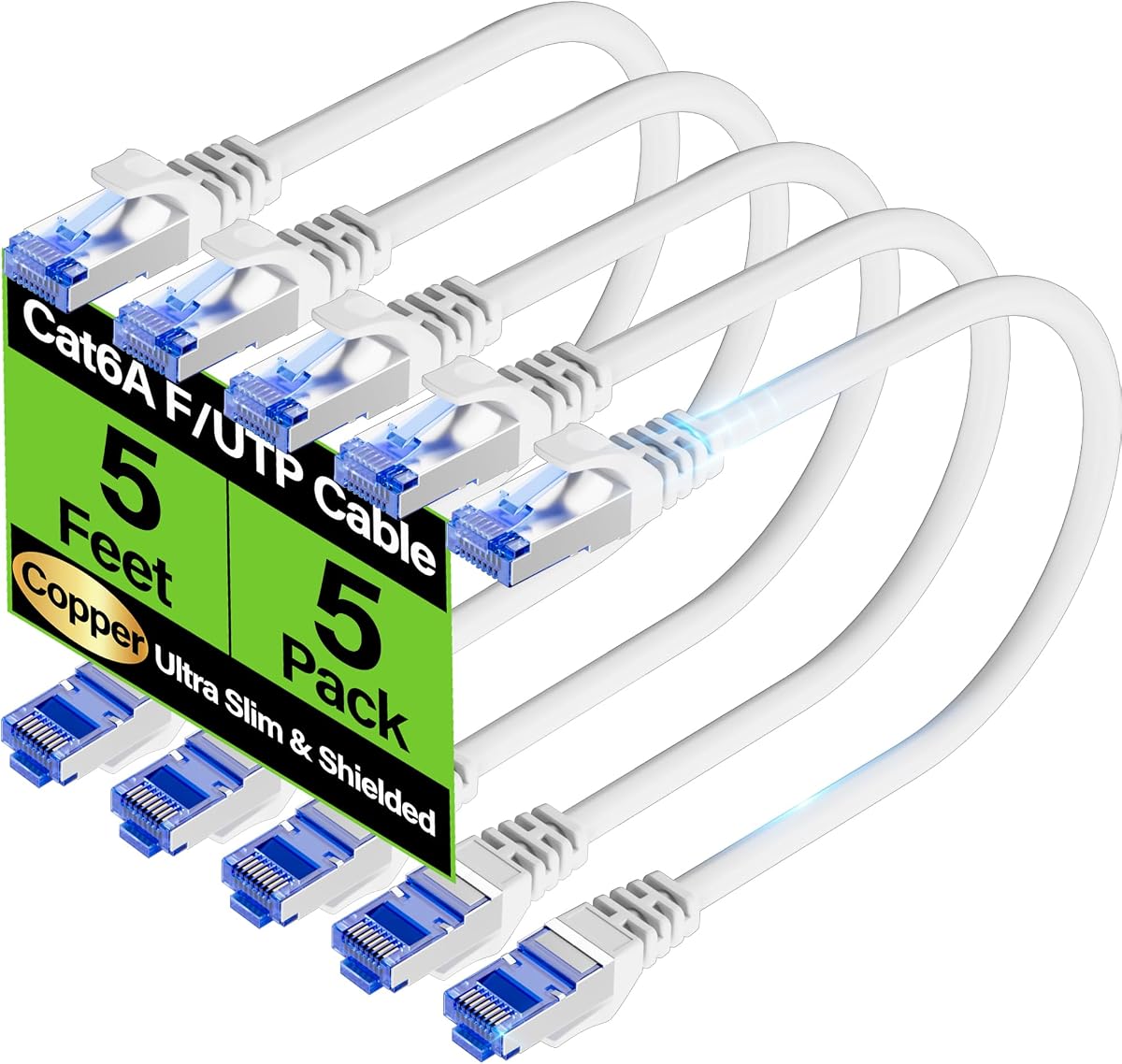 Cable Ethernet Cat6A blindado 10 Gbps 5 pies (paquete de 5), cable Ethernet blindado delgado (F/UTP) Cat 6, cable flexible de cobre desnudo Cat6 de 28 AWG, cable de red Cat 6a que ahorra espacio para servidor, centro de datos, blanco