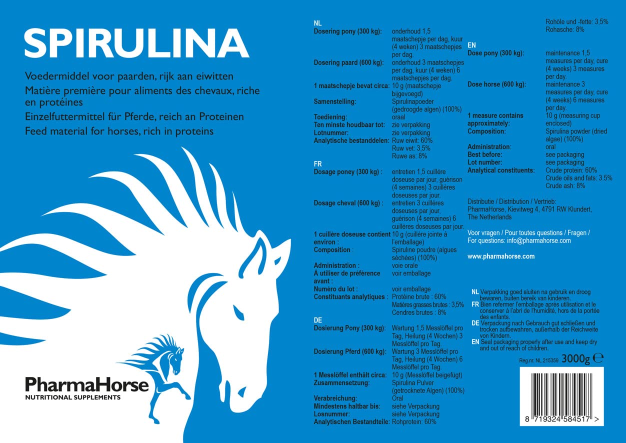 PharmaHorse Spiruline | Algues séchées pour Cheval | Cocktail de vitamines pour Cheval | Sans éléments dopants & Sans sucre | 3000 grammes