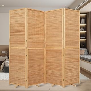Bamboo Room Divider Folding Privacy Screens, Wall Divider for Room Separation, Portable Room Partitions and Dividers, 5.6FT Bamboo Mesh Woven Room Divider Panel (Brown, 4 Panel)