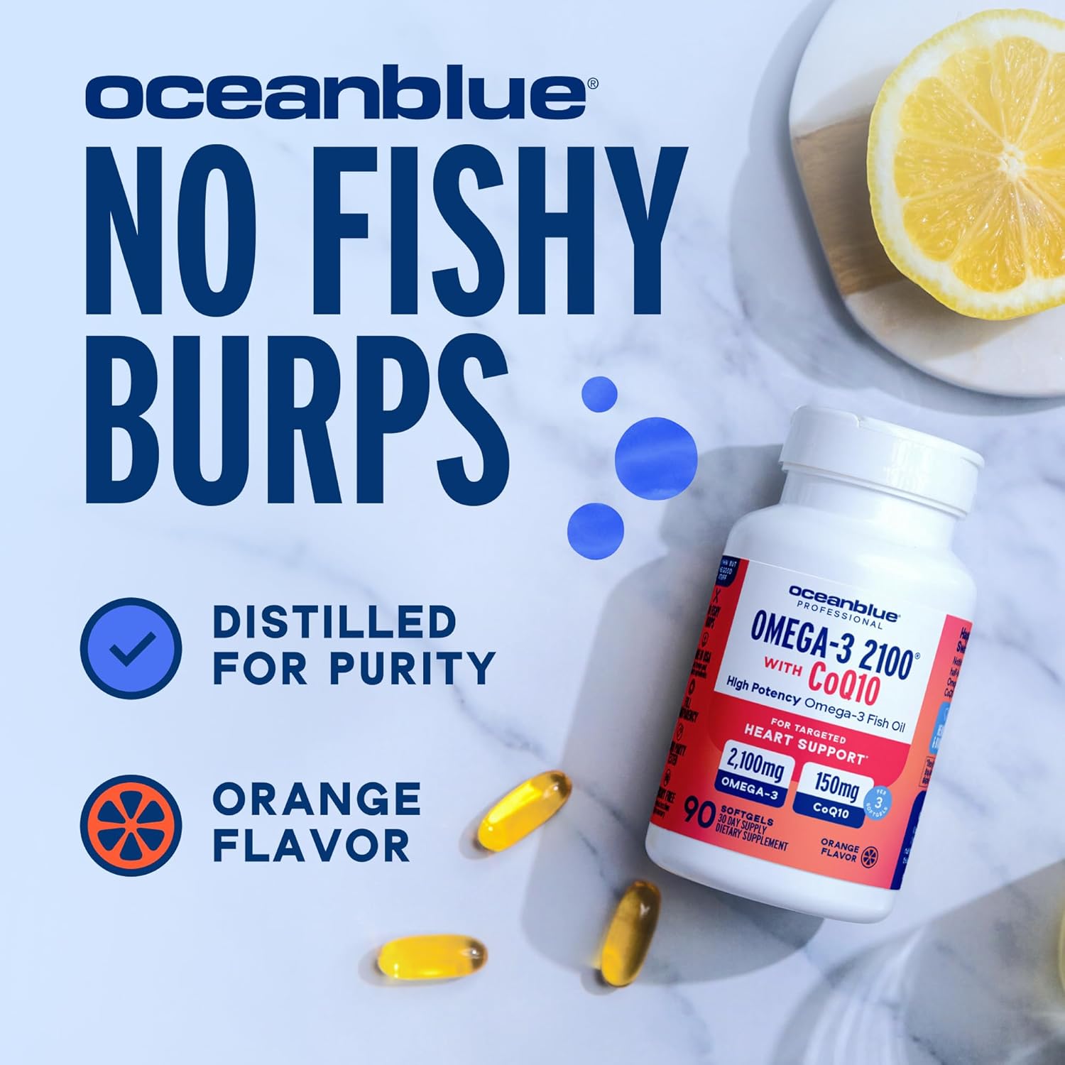 Oceanblue Omega 3 2100 with CoQ10 | Triple Strength Fish Oil Combo Supplement | 1350MG EPA 650MG DHA 150MG DPA with 150MG CoQ10 | Orange Flavor | Heart Support | 90 Softgels - Image 5