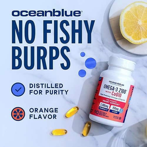 Miniatura 4 de Oceanblue Paquete Omega-3 2100 – CoQ10 90ct + Triple Fuerza 60ct – EPA de alta potencia, DHA y DPA – Apoyo al corazón y al cerebro – Sabor naranja