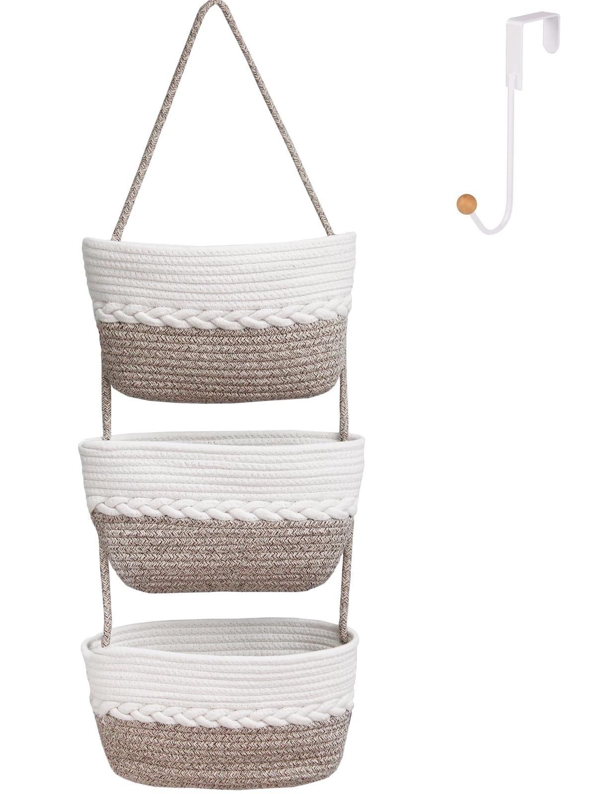 ililmmoe Over Door Hanging Basket for Organizing 3 Tiers Woven Cotton Rope Wall Mount Storage basket Decorative Kitchen Hanging Organizer Bathroom,Bedroom,Baby Room include 1door hook (Mixed Brown)