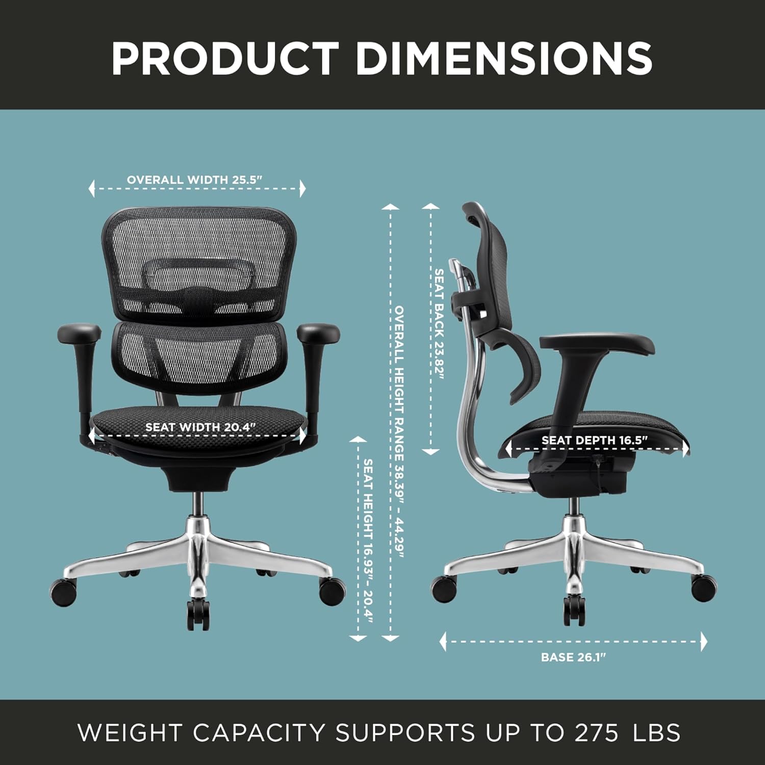 Diagram showing detailed product dimensions of the WorkPro 12000 V2 Series chair