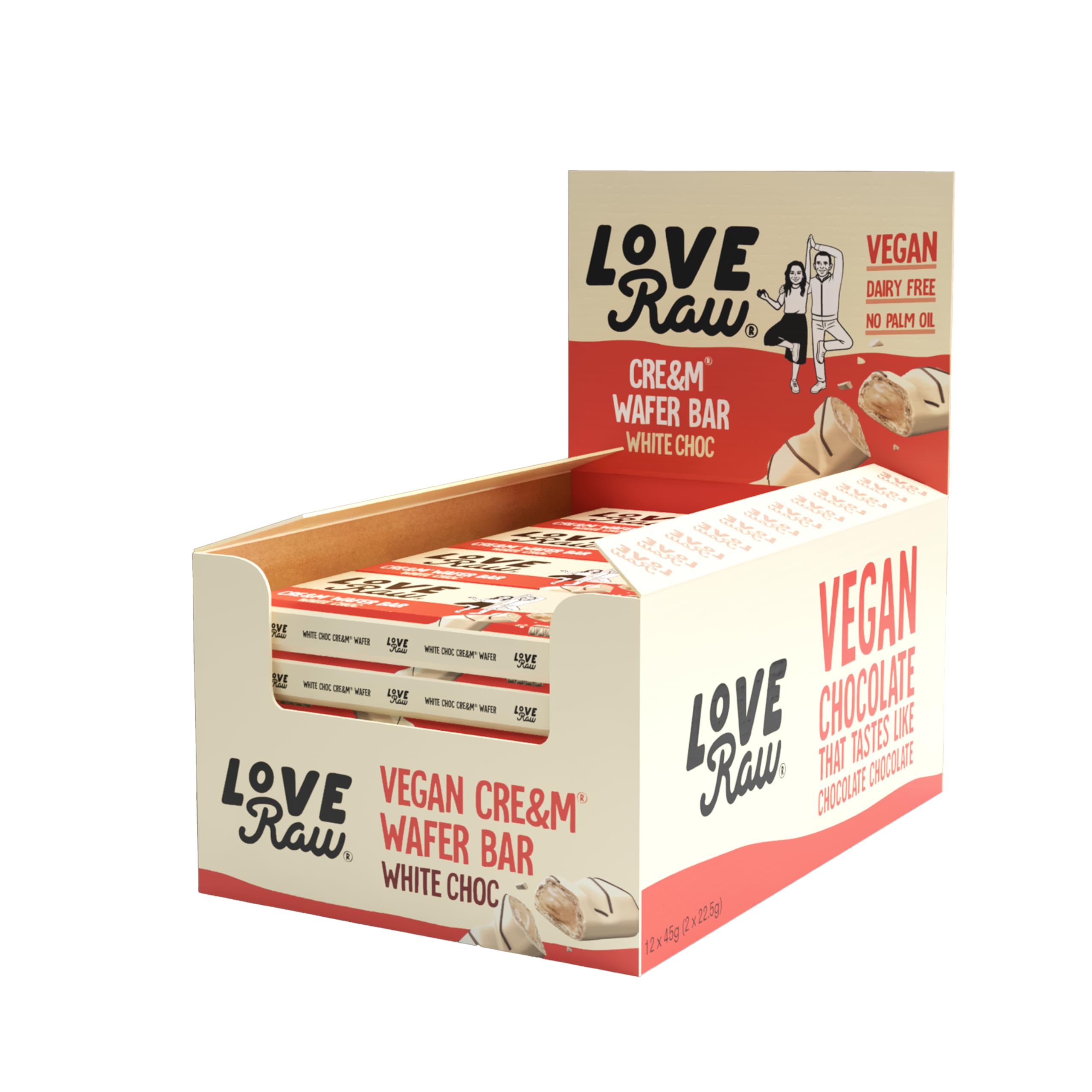 LoveRaw Choc Cream Wafer Bar White Choc • Vegan Chocolate • Dairy-Free • Palm Oil Free • Plant Based Chocolate Snack • 12 x 43g