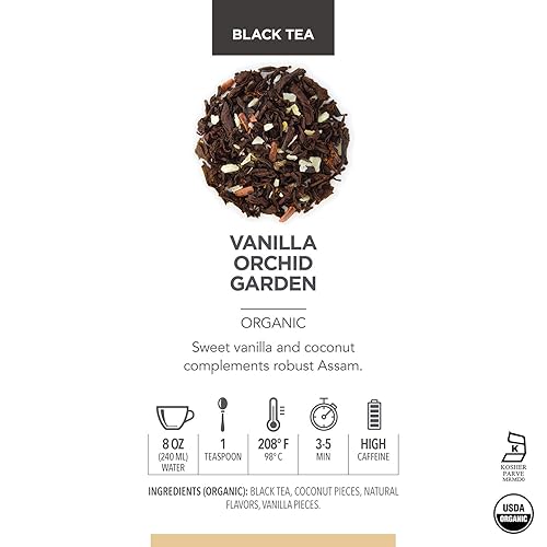 Miniatura 3 de Teabloom Té negro orgánico, té de hojas sueltas de jardín de orquídea de vainilla, certificado orgánico por USDA y certificado Kosher, recipiente de