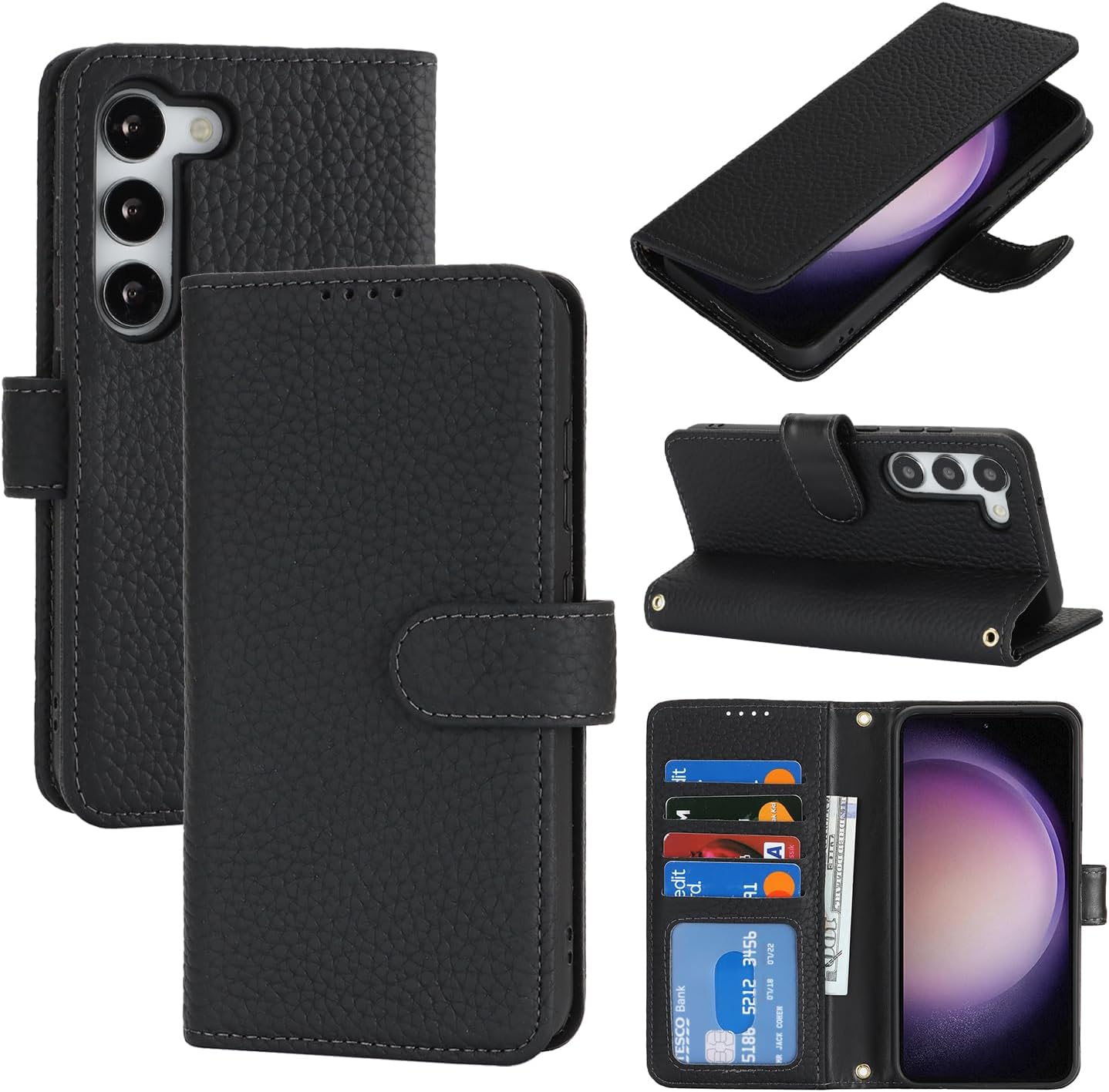 Zouzt Case for Samsung Galaxy S23 6.1" Genuine Leather Wallet Case with 4 Card Slot, RFID Blocking Card Holder Magnetic Flip Folio Kickstand Shockproof Phone Cover Women Men - Black