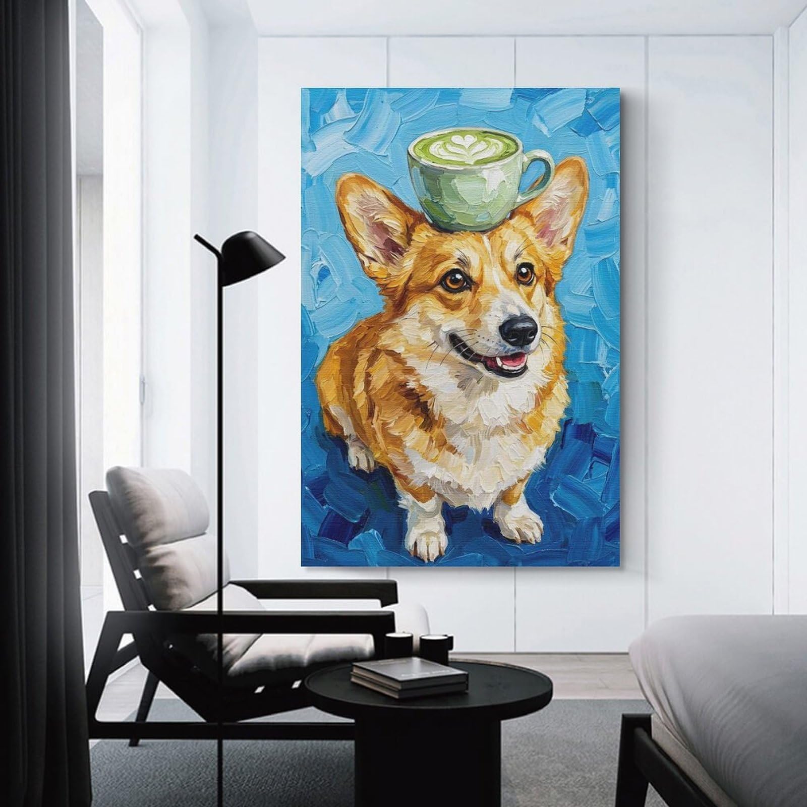 Junmoney Corgi with Matcha Latte Hat Canvas Wall Art 24x36inch(60x90cm), for Art Walls, Layered Displays Or Homes, Decorative Artwork with Flexible Styling
