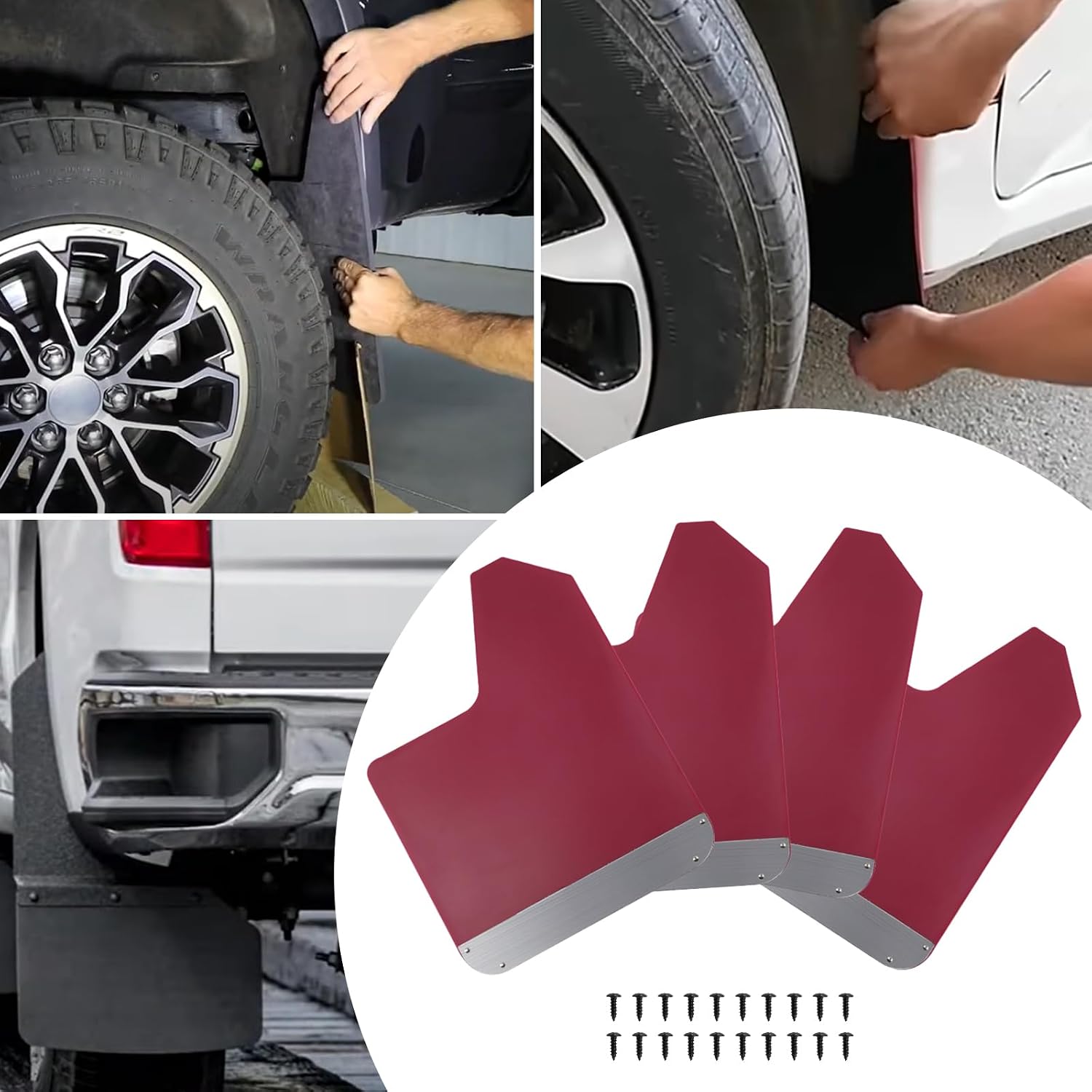 RULLINE 4PCS Car Mud Flaps Splash Guard Fender with Night Reflectors & 20PCS 6mm Fastener Rivet Clips Flexible and Bendable Mudflaps Red Compatible with Pickup SUV Van Universal