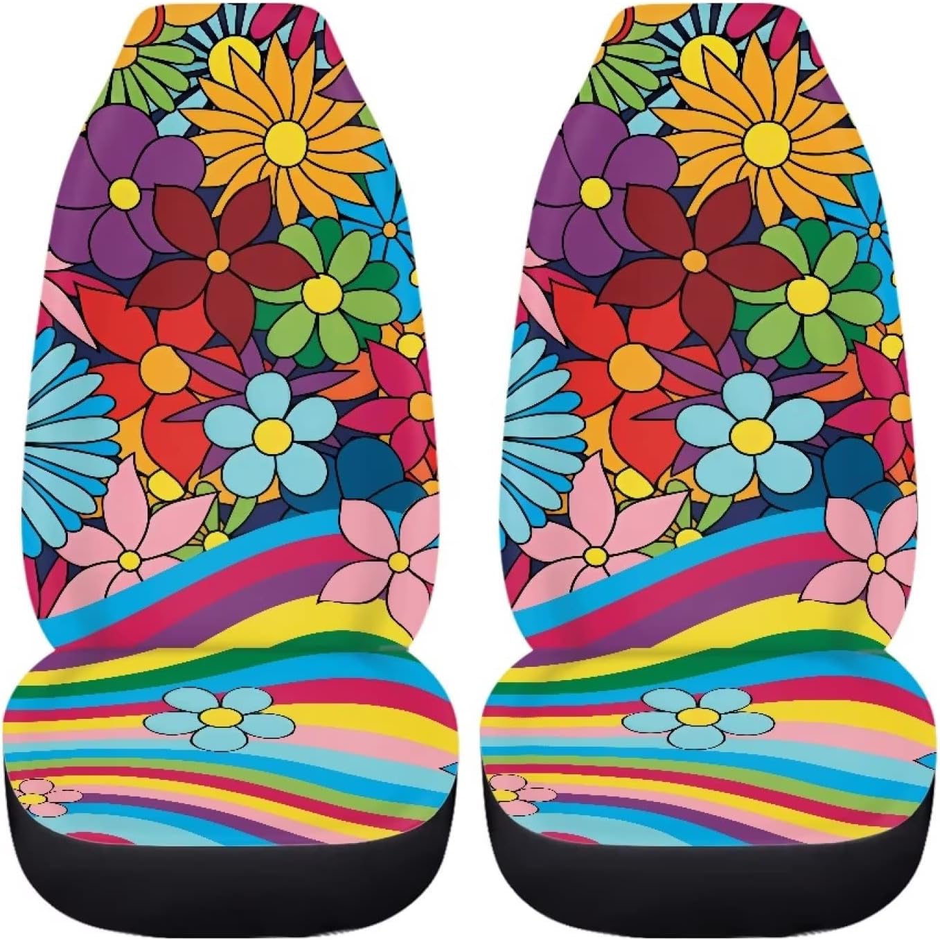 Rainbow Wavy Swirl Hippie Groovy Daisy Flower 70s 80s 2 Pieces Front Car Seat Covers for Women's Vehicle Decor Automotive Interior Accessories Universal Fit Cushion Seat Protector