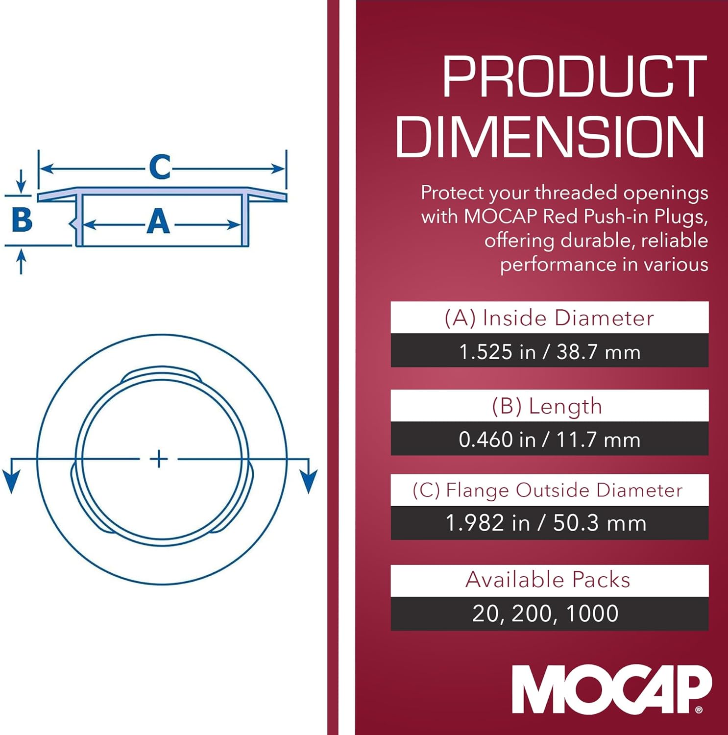 MOCAP Red Push-in Plugs for SAE and NPT Threads - Plug for 1-5/8" SAE Threads - Pipe Fittings, Metal Tubing End Plugs & More - Thread Protectors (0.460" L, Pack of 200)