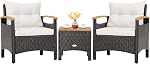 Tangkula 3-Piece Ensemble de meubles de patio, Canapé extérieur de rotin Patiojoy avec table de café, ensemble de conversation de p ratio avec coussin amovible, accoudoirs en bois d'Acacia confortable pour jardin, côté piscine (hors blanc)