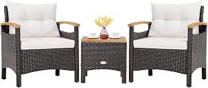 Tangkula 3-Piece Patio Furniture Set, Patiojoy Outdoor Rattan Sofa Set with Coffee Table, Patio Conversation Set with Removable Cushion, Cozy Acacia Wood Armrests for Backyard, Poolside (Off White)