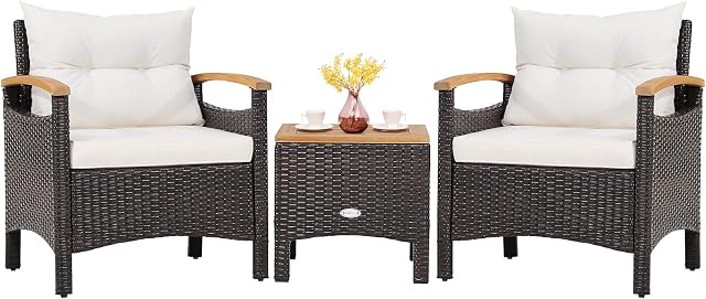 Tangkula 3-Piece Ensemble de meubles de patio, Canapé extérieur de rotin Patiojoy avec table de café, ensemble de conversation de p ratio avec coussin amovible, accoudoirs en bois d'Acacia confortable pour jardin, côté piscine (hors blanc)