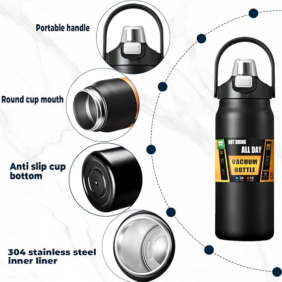 Stainless steel double drink water bottle;wide mouth sports water bottle with straw;double layer vacuum leak proof;insulated water bottles;with handle