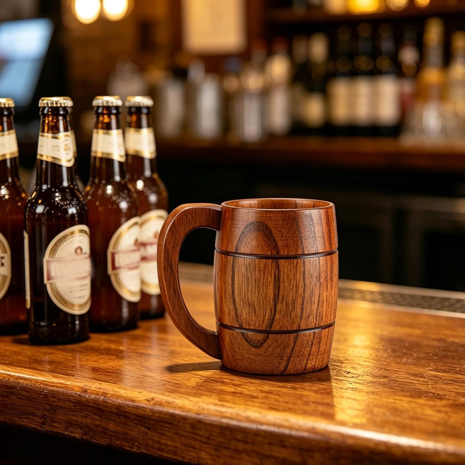 14 OZ Wooden Beer Mug Handmade Coffee Mug Vintage Viking Cup for Bar, KTV, Club, Restaurant, Hotel and Home Use