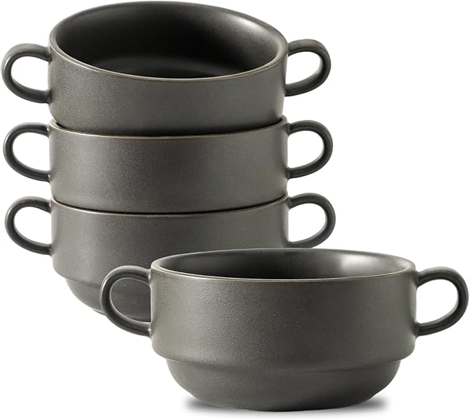 Soup Bowls With Handles, Ceramic French Onion Soup Bowls, 22 oz Soup Crocks for Chilli, Beef Stew, Black Oven Safe Soup Bowl Set of 4, Microwave & Dishwasher Safe