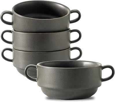 Ceramic Soup Bowls with Handles, 22 oz French Onion Soup Mug Set of 4 Black