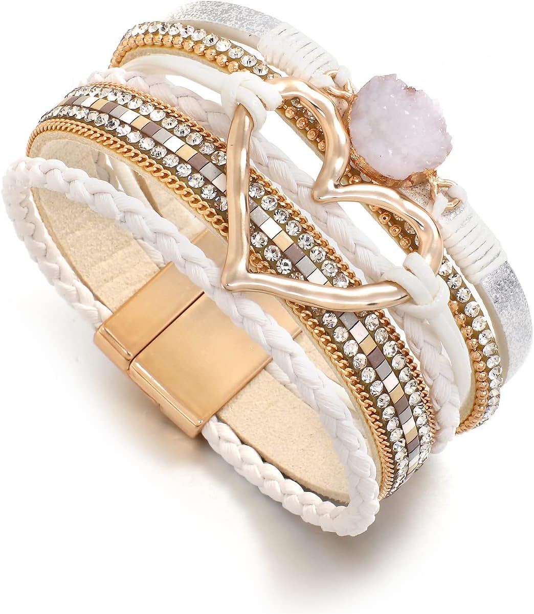 Leather Wrap Bracelet for Women Beaded Cuff Bracelet with Heart-shape Decor Bohemian Crystal Bracelet Jewelry with Clasp Bangle Bracelet for Women Girls Birthday Holiday Gift - Image 3