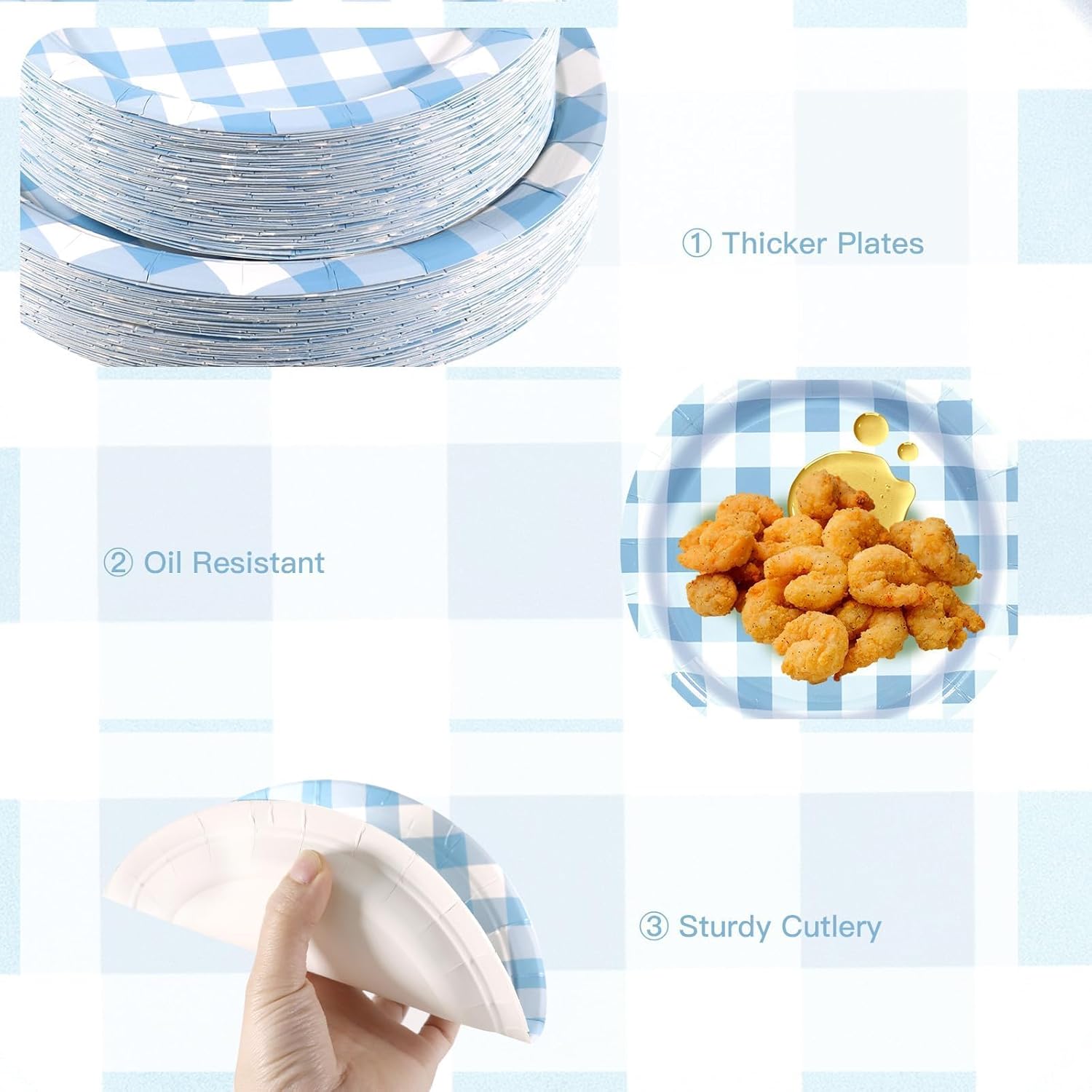 150PCS Blue Gingham Party Supplies – Baby Boy Shower Plates and Napkins Set for 50 Guests, Checkered Disposable Tableware Party Decorations for Birthday, Picnic & Family Gatherings