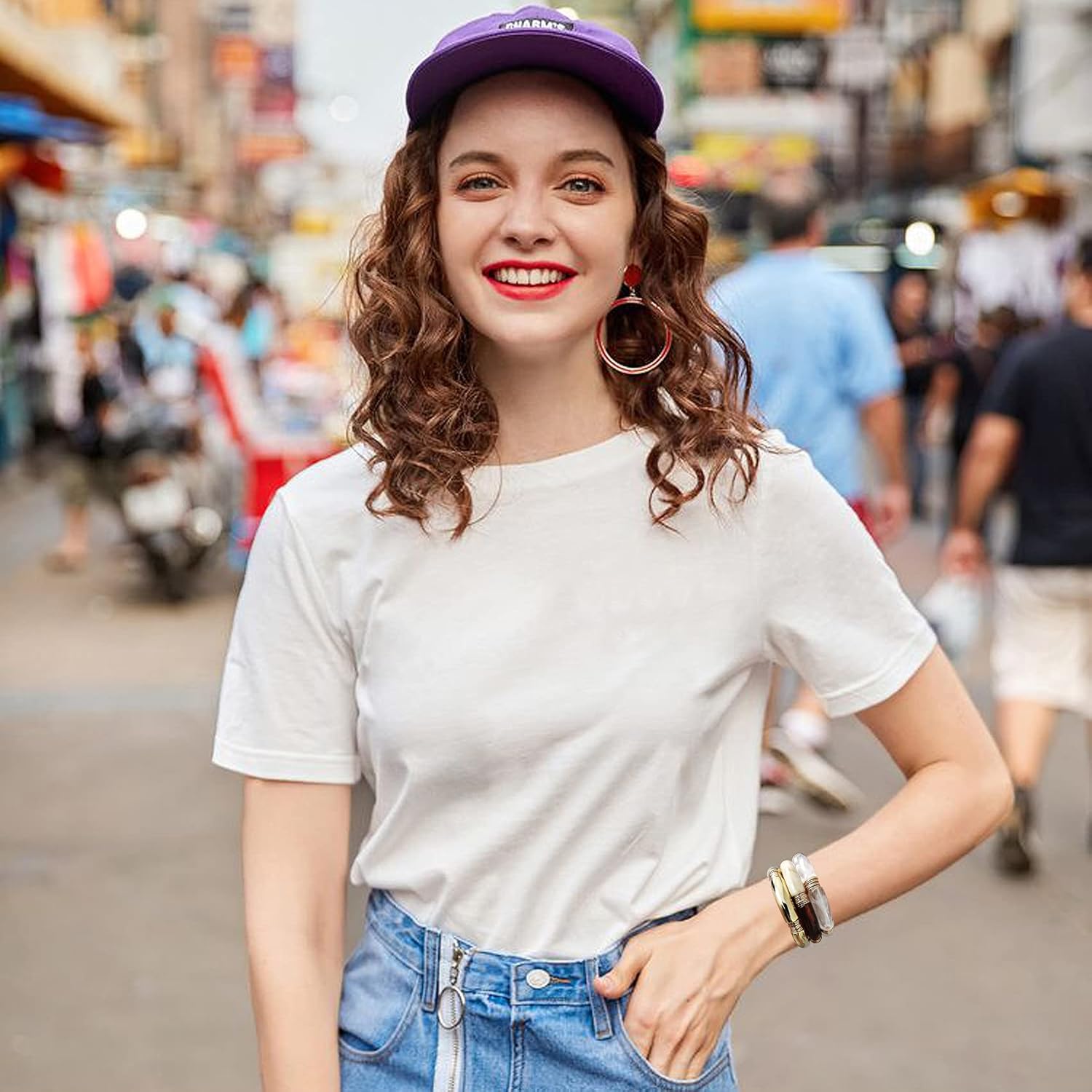 GOOJIDS Simple Beaded Gold Plated Bangles Bracelet Chunky Bamboo Tube Curved Stacking Clear Acrylic Colorful Beads Stretchable Gold Plated Bracelets Set For Women - Image 6