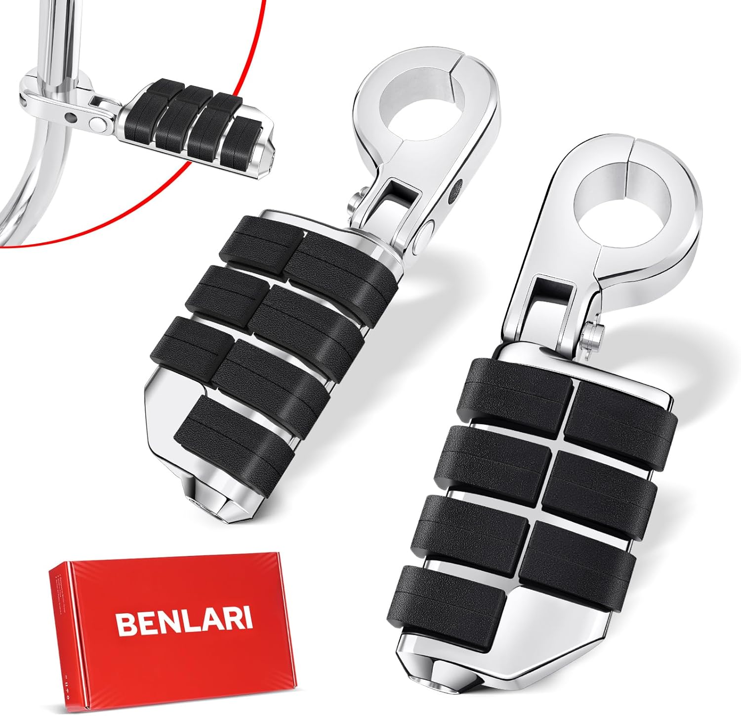 Benlari Highway Pegs P-Clamp, A3 Steel Motorcycle Foot Pegs Fit For 1.25'' Crash Bars Foot Pedal Bracket Clamp Compatible With Harley Touring Electra Road King Road Glide Style3(Chrome)