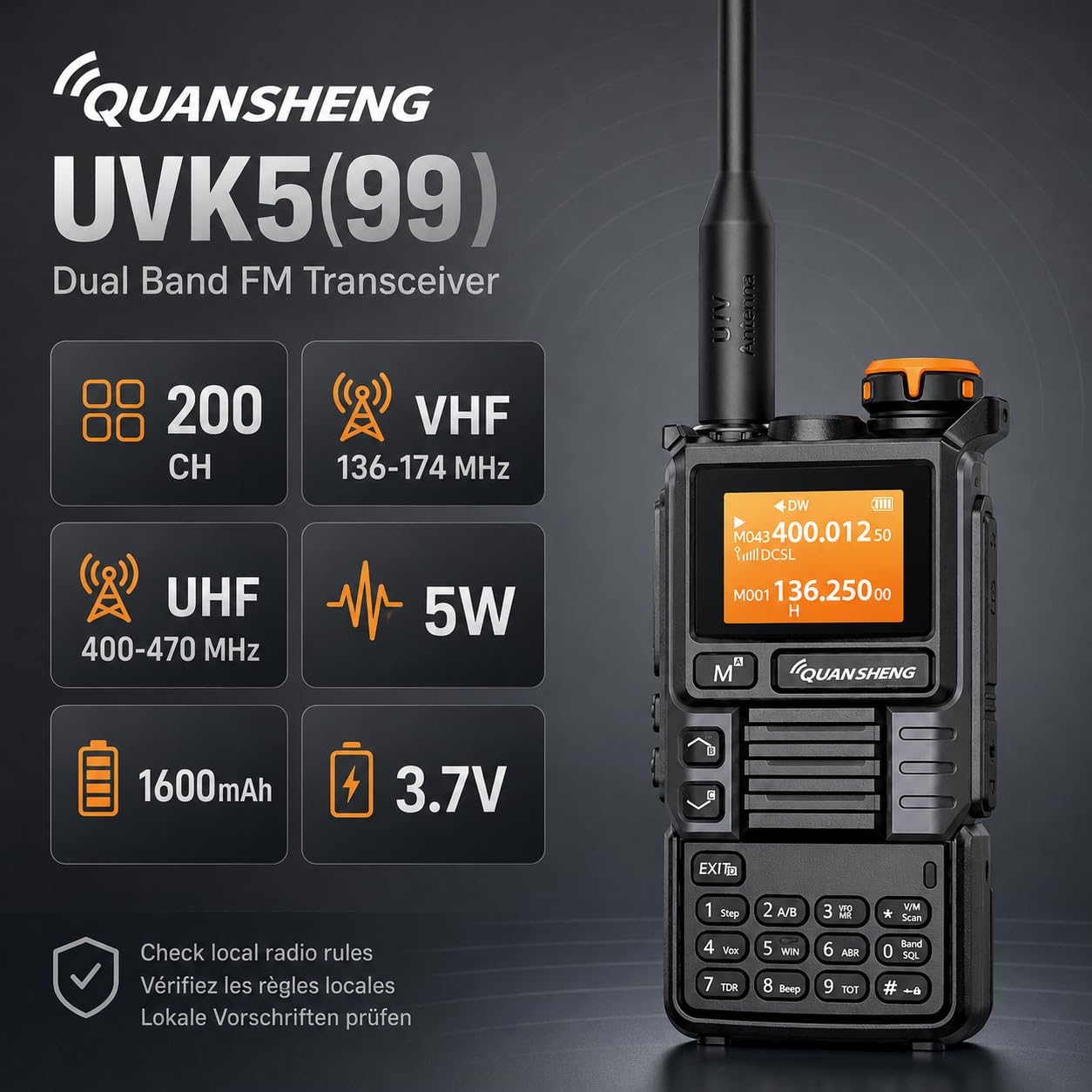 Quansheng UVK5(99) Talkie-Walkie AM/FM/DTMF 200CH 20-1000MHz NOAA Prévisions Météo avec Copie Flash Fréquence Type-C Écran LCD pour Randonnée Camping Voyage Radio Bidirectionnelle (Grey)