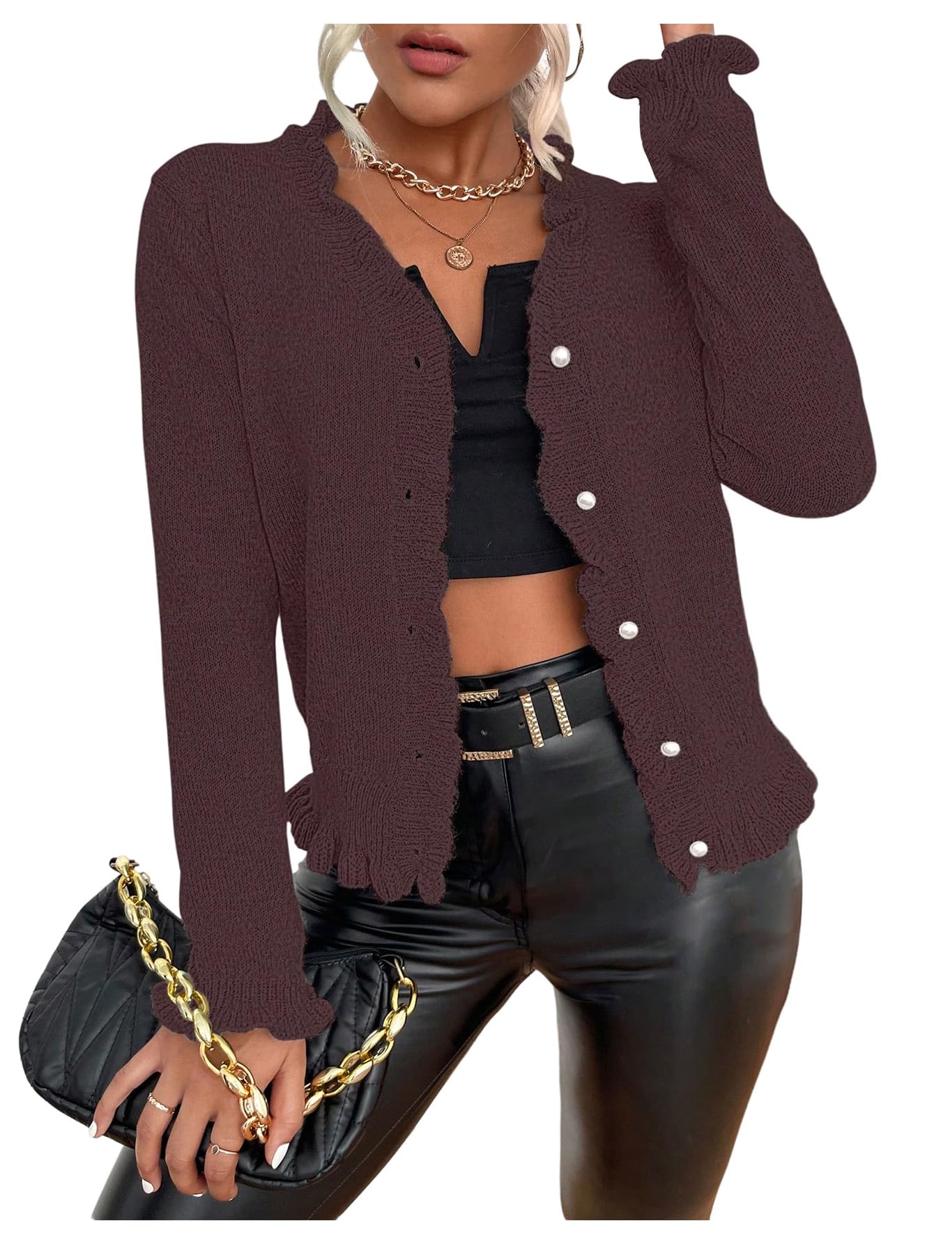 Verdusa Womens Ruffle Trim V Neck Button Down Long Sleeve Knit Cardigan Sweater