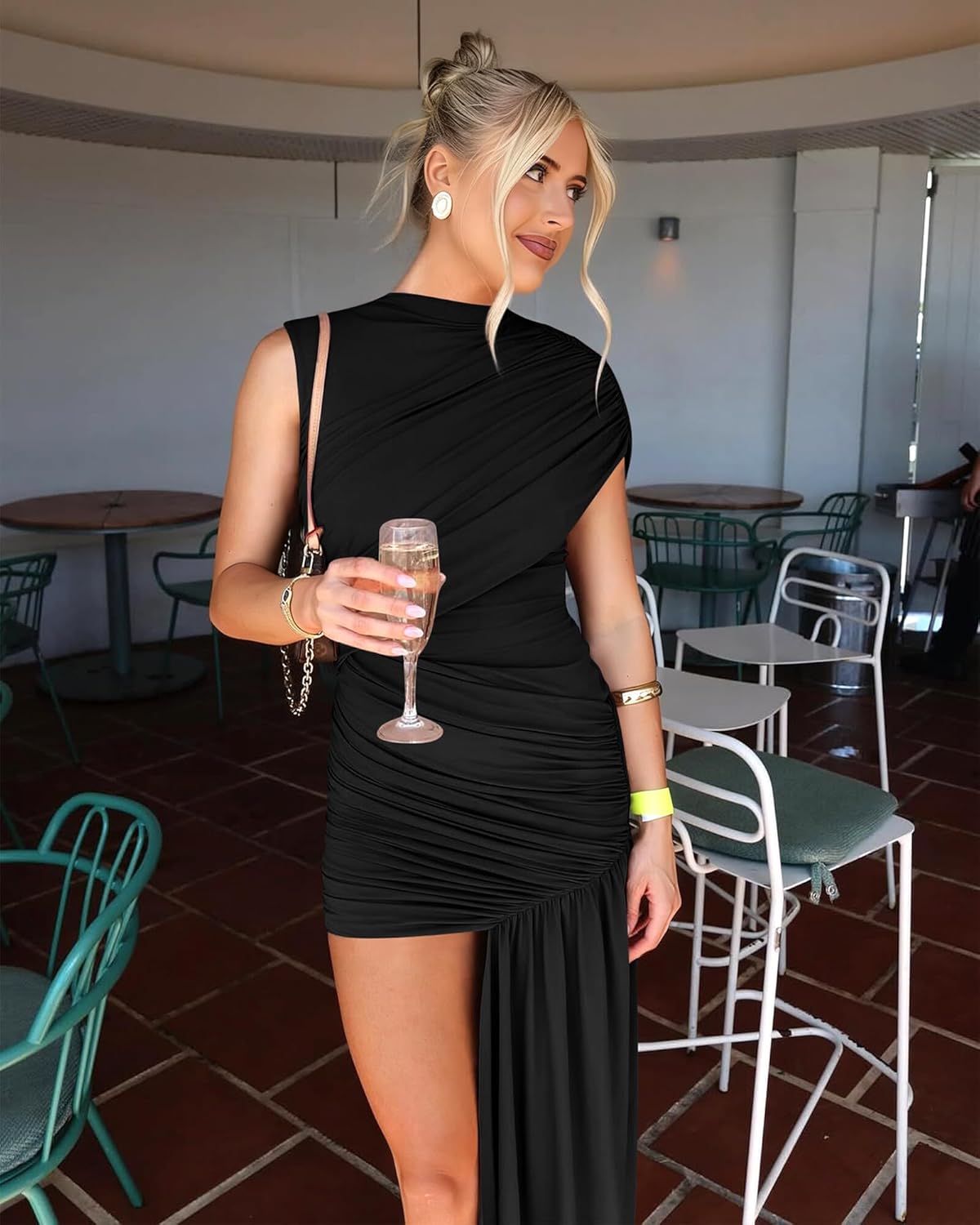 Doweha Women‘s Elegant Bodycon Ruched Short Dress Asymmetrical Wrap High Neck Spring Summer 2026 Cocktail Wedding Guest Dress