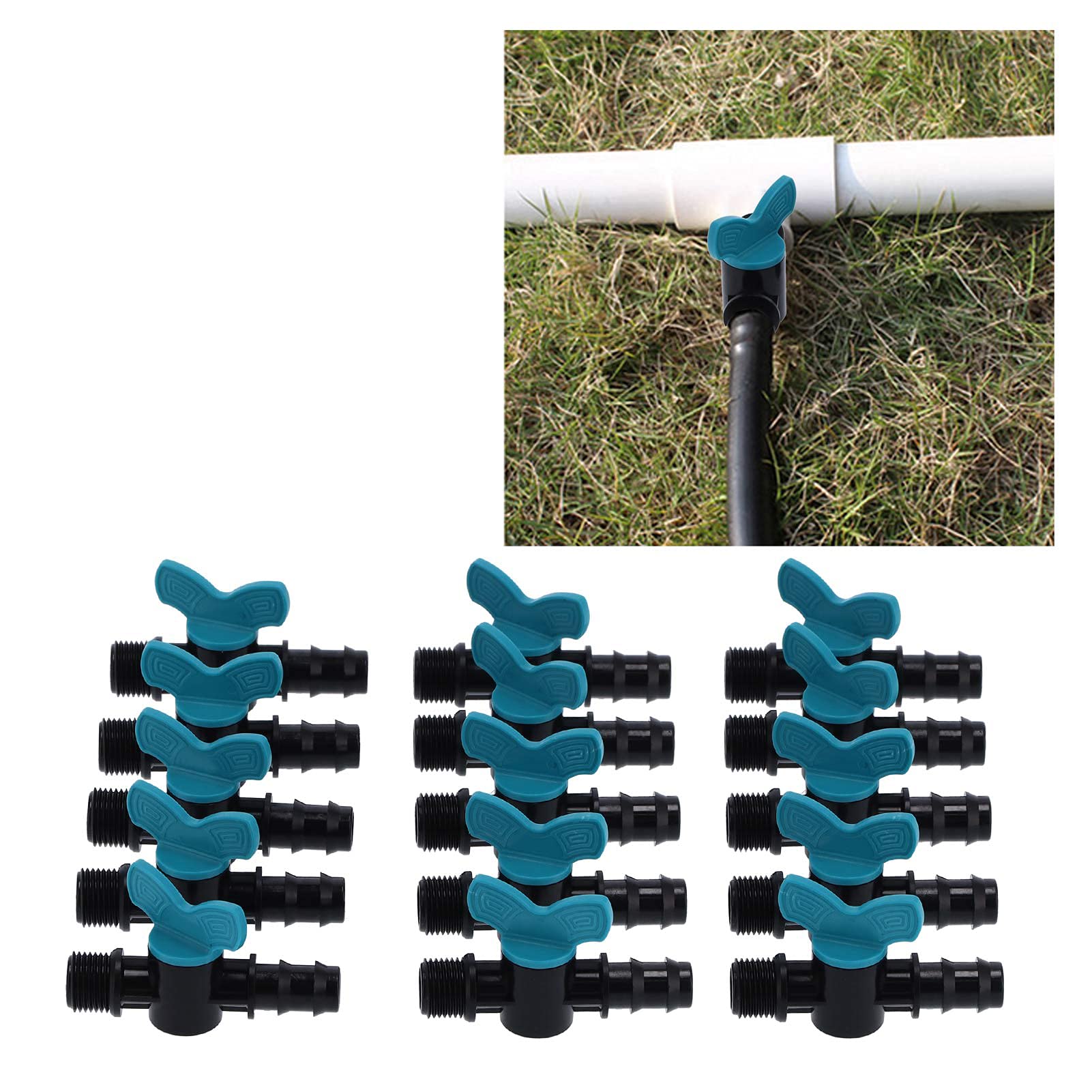 Vanne à vanne en PVC à filetage mâle de 3/4 pouces, paquet de 50, pour système d'irrigation goutte à goutte de jardin, arrêt du débit