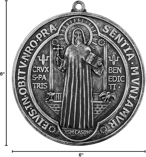 Vista 6 de VILLAGE GIFT IMPORTERS Inicio Bendición y protección Medalla de pared grande de San Benito de 6 pulgadas, color plateado