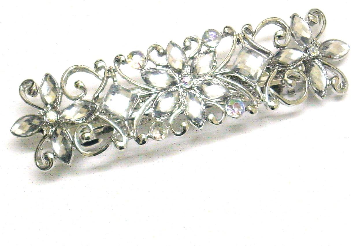 Ladies Rectangular Crystal Hair Barrette Diamante Flower Hair Barrette Hair Clip Slide Size 9 cm (Crystal)