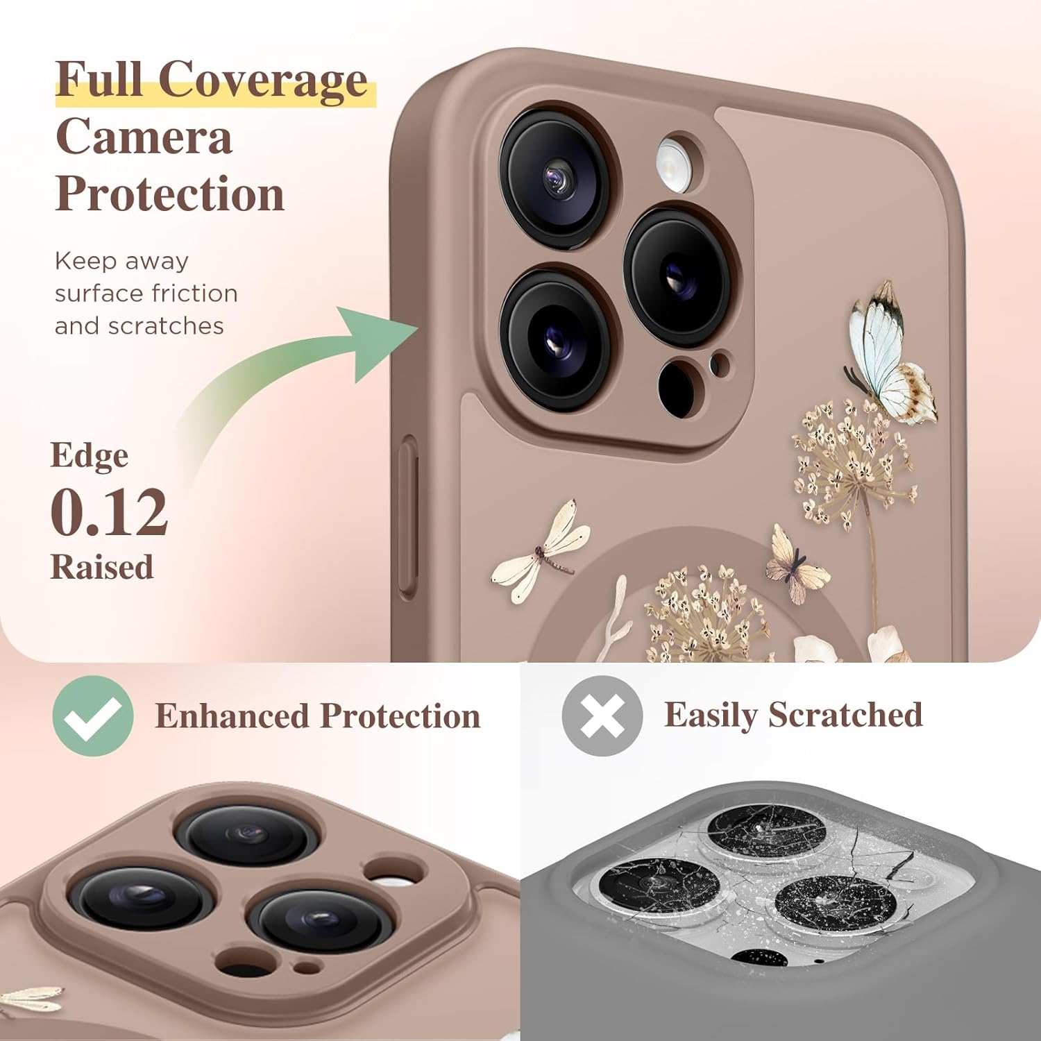 GVIEWIN for iPhone 15 Pro Max Case Compatible with MagSafe, [Military Grade Protection] [Screen Protector] Full Camera Protection Floral Translucent Women Magnetic Phone Case, Autumnflit/Brown - Image 6