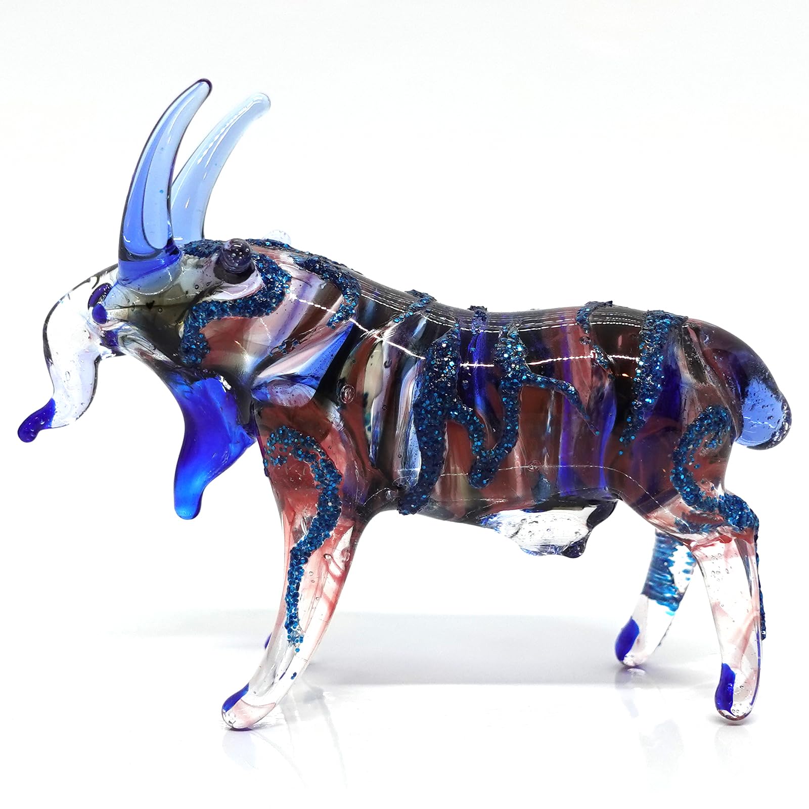 Figurine chèvre en verre soufflé bleu rouge, cadeau de collection