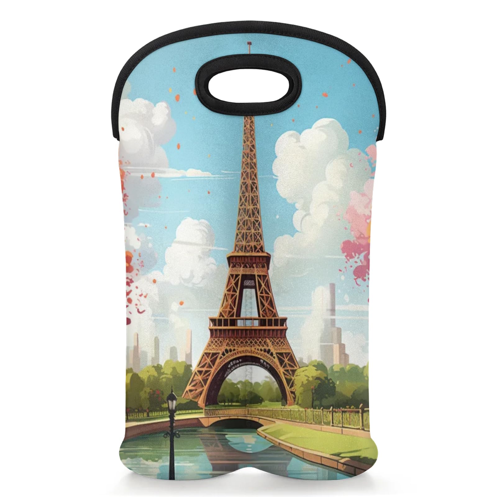 GzLeyigou 2 Bottles Eiffel Tower Scene Wine Bag Sleeve Totes Neoprene Protective Wine Carrier Bag for Wine,Water, Champagne, Beer, Baby Bottles,Gift 14.5 x 10 Inches