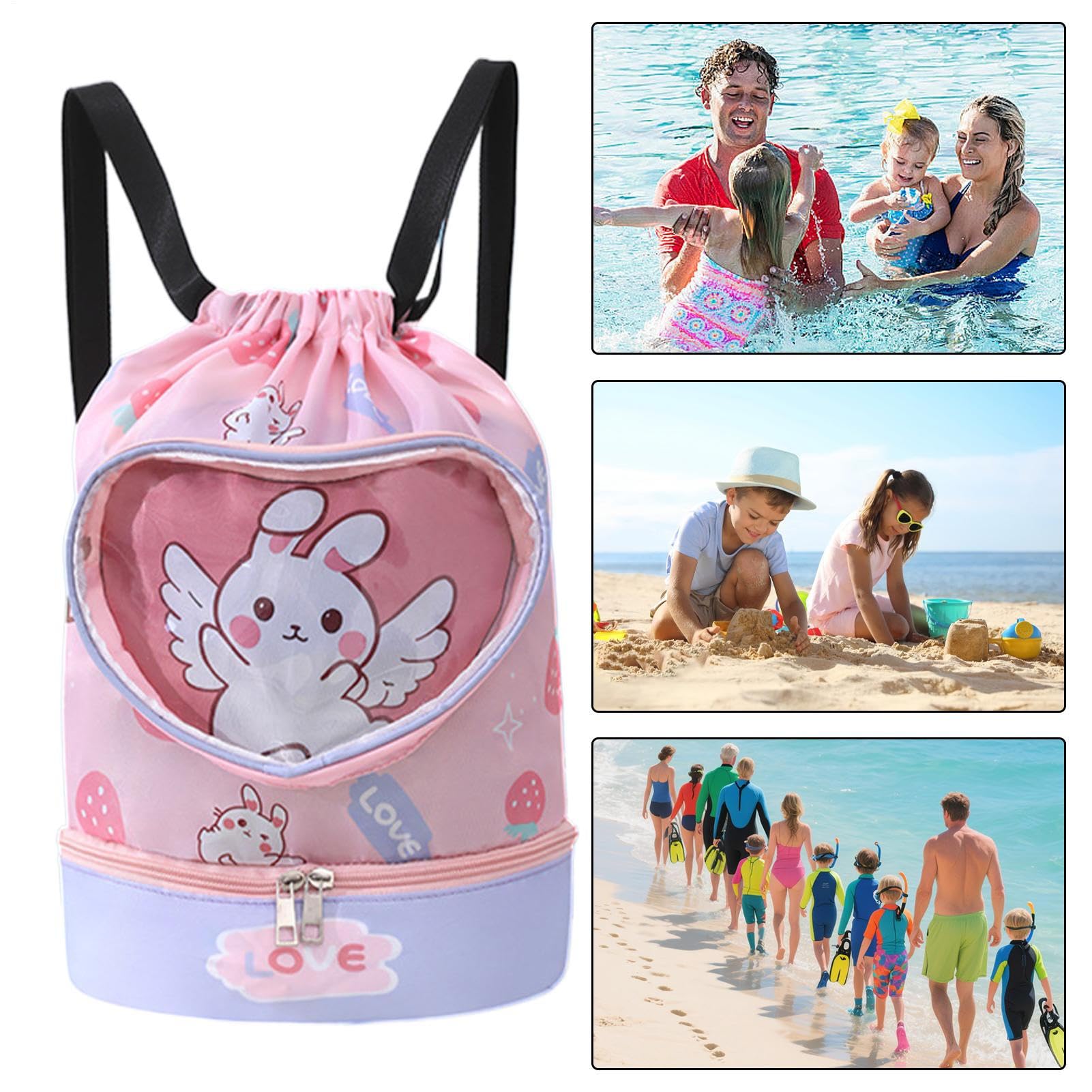 Genérico Kids Pool Bag Waterproof Cartoon Swim Backpack 14.17x11.81 Inches Lightweight Drawstring Dry Wet Separation Quick-Dry Multicolor