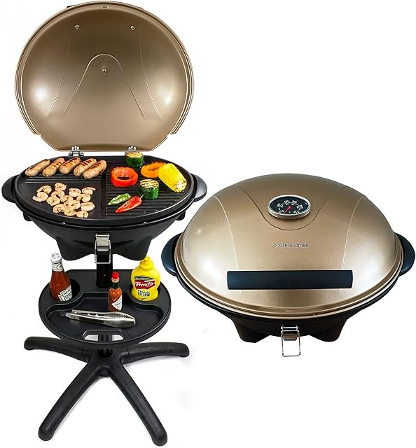 Andrew James BBQ Electric Grill Barbecue with 5 Temperature Settings Gold | Thermostat | Indoor & Outdoor Party | Removable Drip Tray & Condiment Stand | Healthy Grilling | Non-Stick Cooking Surface