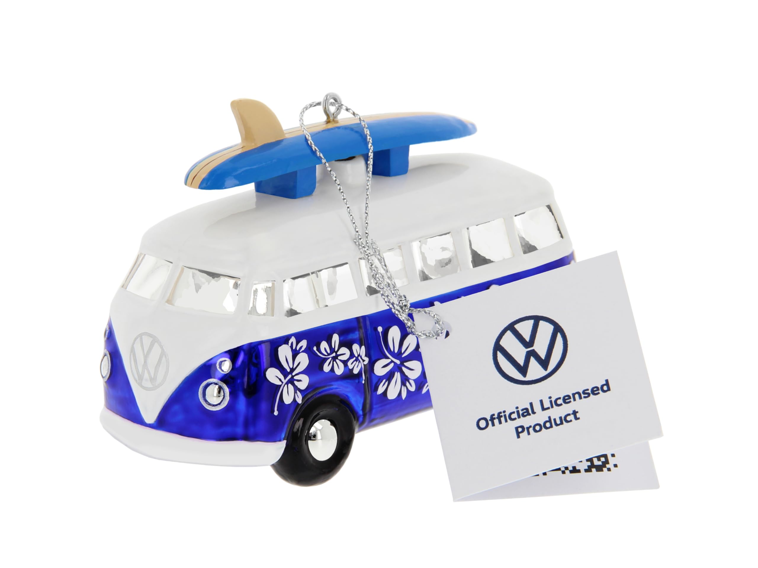 BRISA VW Collection - Volkswagen T1 Samba Bus Christmas ornaments & decorations made of glass in gift box (Blue with surfboard)
