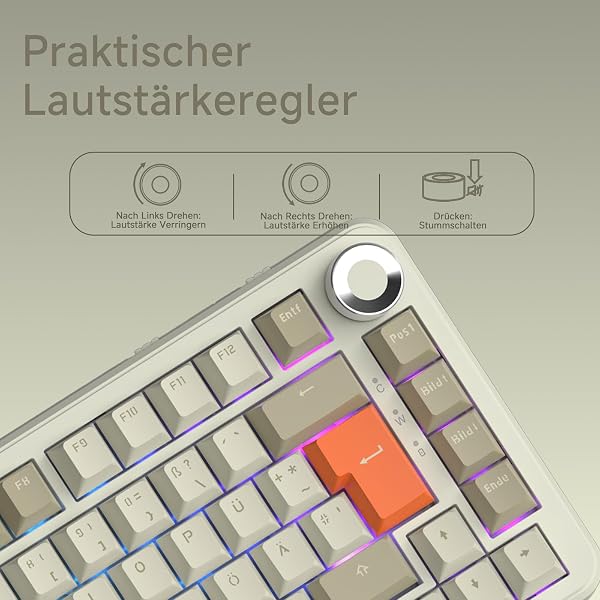 AJAZZ AK820 MAX Wireless Mechanical Keyboard, 75% Layout 82-Key Hot-Swap Gaming Keyboard, German QWERTZ Layout with Volume Control Knob, 2.4 GHz/Type-C/BT5.0, RGB Lighting Effects, Gray Beige Orange - 3