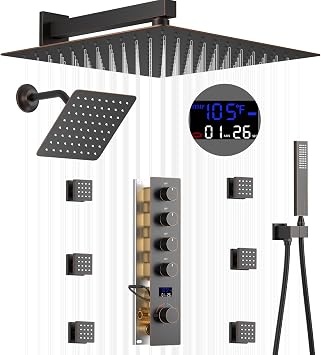 12 & 8 Inch Dual Heads Shower System Oil Rubbed Bronze Full Body Shower System with Handheld Sprayer, Body Jets Shower Set with Digital Display Valve