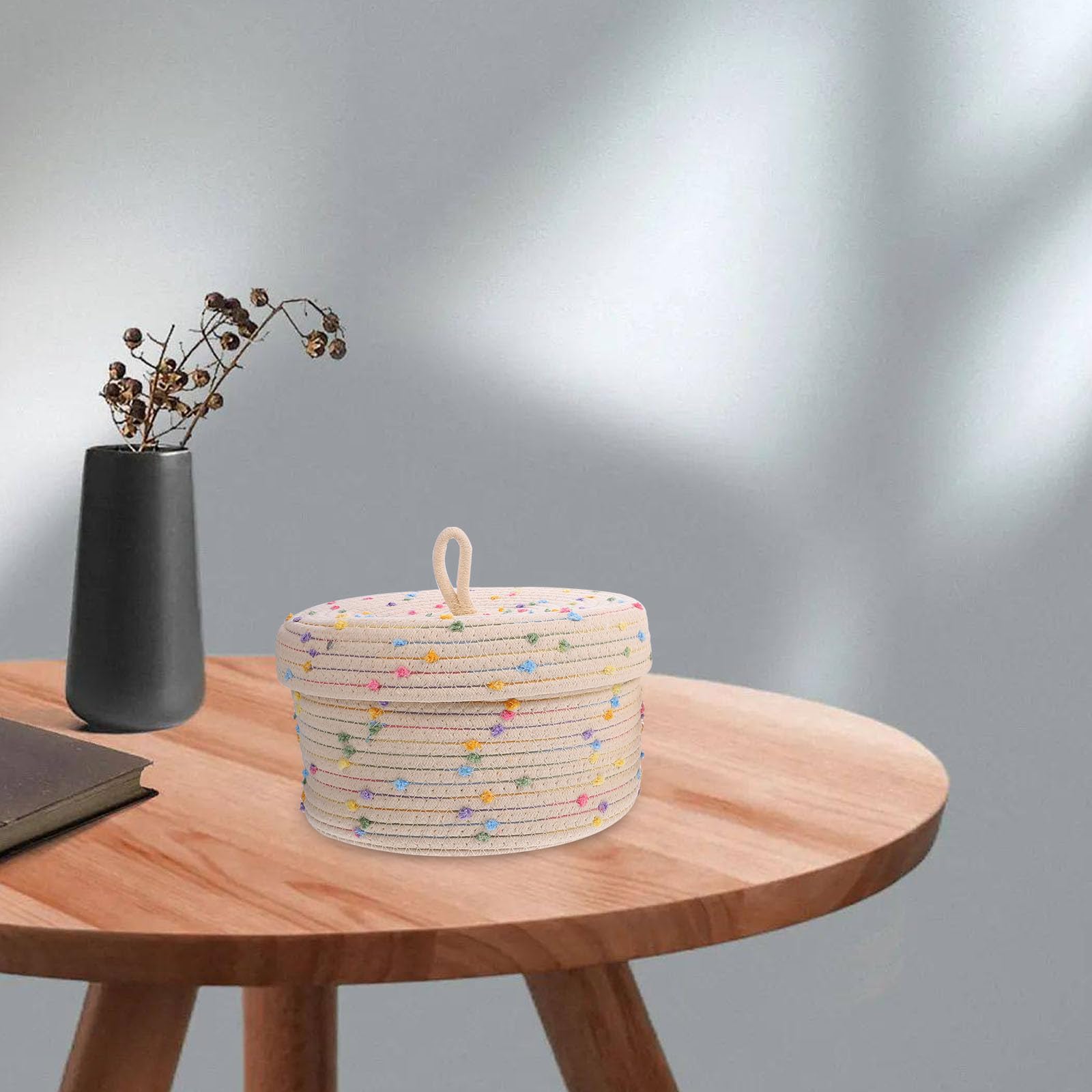 Vaguelly Cestini Intrecciati Organizer Multiuso Set 2 Pezzi in Corda di Cotone Semplice e Pratico Contenitore da Tavolo per Giochi e Snack Coperchio per Casa