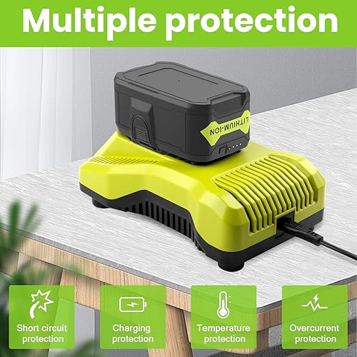 Miniatura 5 de ARyee Paquete de 2 baterías de 18 V con cargador, 6000 mAh de repuesto para Ryobi P107 P108 P109, batería de iones de litio para herramientas