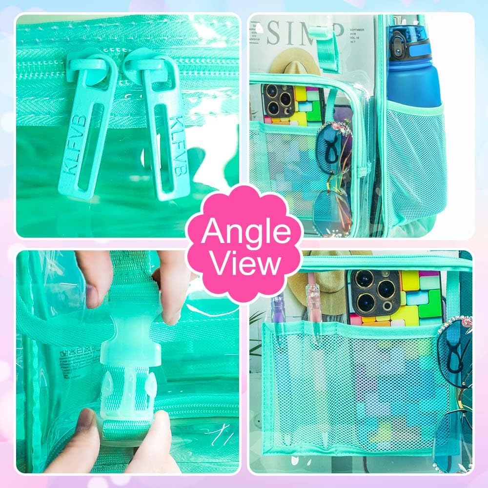 17" Flip Top Clear Backpack for Girls, 3Pcs Stadium Approved Set, Waterproof Transparent Bookbag for Travel/School (Green) - Image 5