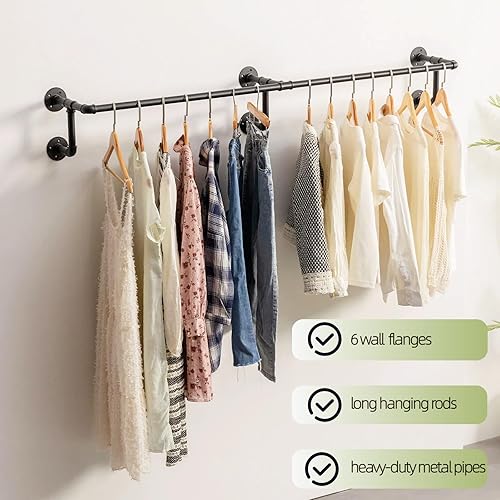 Vista 24 de Perchero industrial de pared para colgar ropa, estante de ropa resistente para ahorrar espacio montado en la pared, barras multiusos para colgar