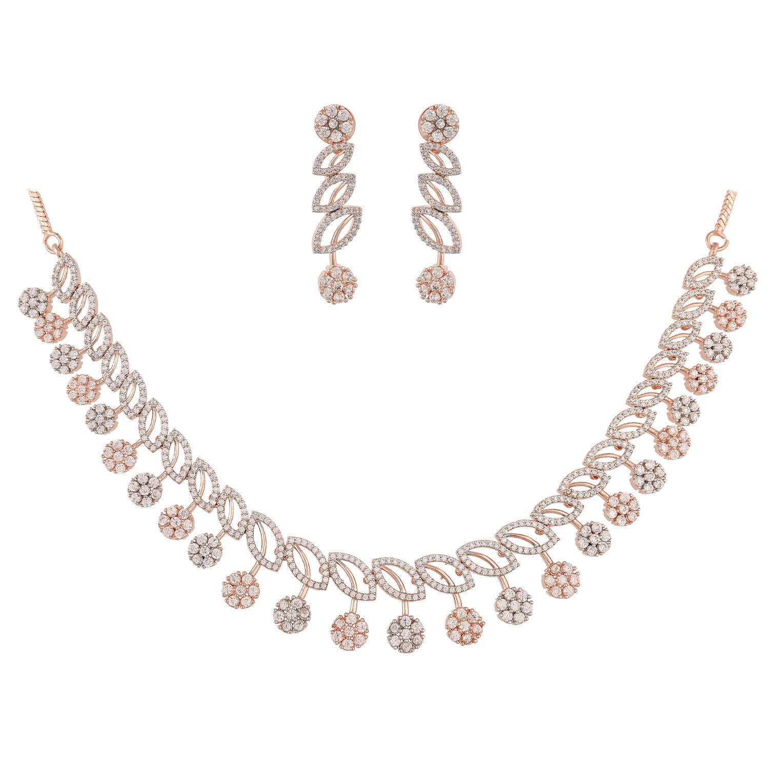 Ratnavali Jewels Brass Rose Gold Silver Plated American Diamond Cubic Zirconia Studded Necklace Jewellery Set With Dangler Earrrings For Women/Girls (B0CBMDM5MY) Amazon Price History, Amazon Price Tracker