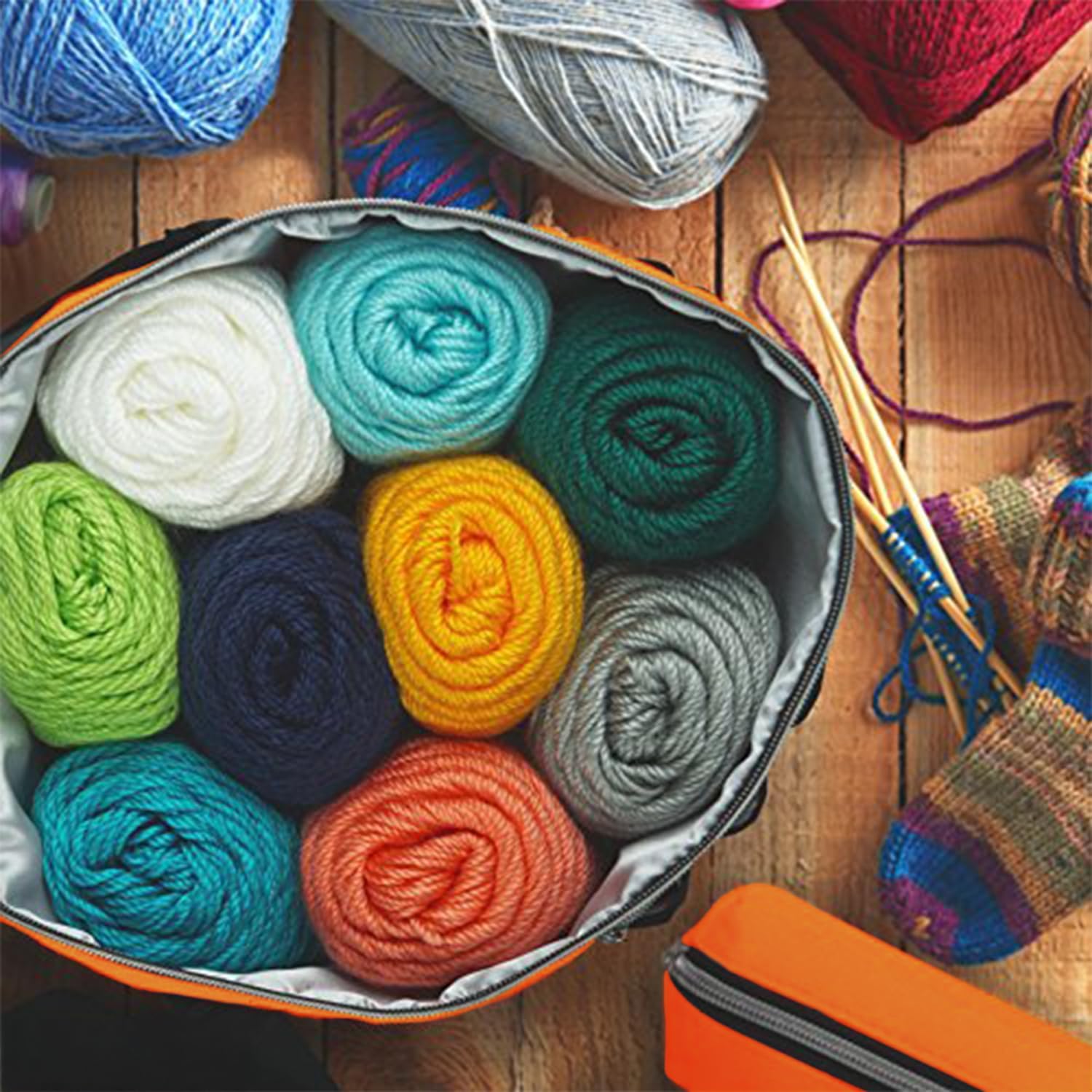 Stitch Happy Knitting Bag (Orange): 7 Pocket Yarn Bag, Knitting Tote, or Crochet Storage