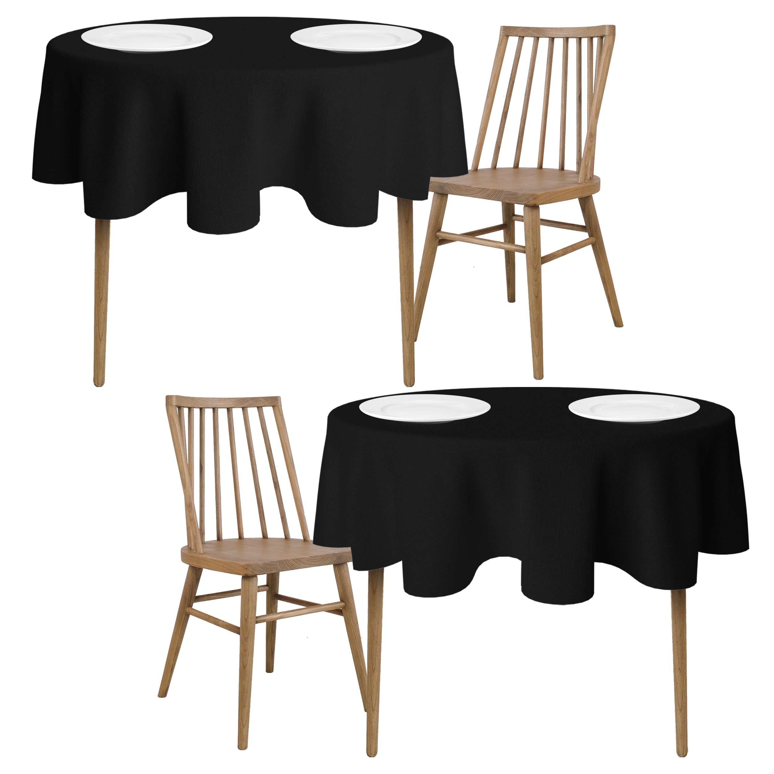 [2 Pack] Black Round Tablecloths 60 Inch [for 20-48'' Tables] 200 GSM Premium Quality Textured Washable Polyester Fabric Table Cloth [60'' is Not